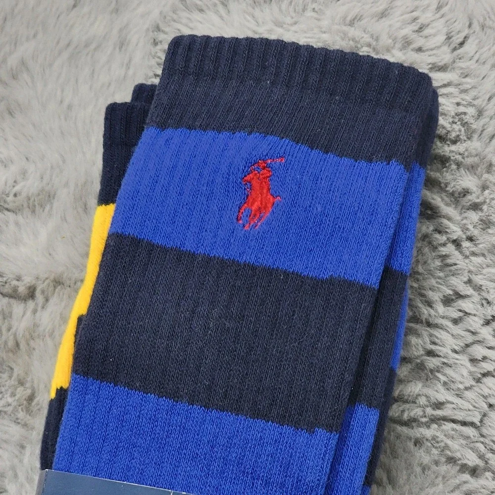 Polo Ralph Lauren Socks Mens 10-13 Blue Yellow Rugby Stripe Crew 2 Pairs
